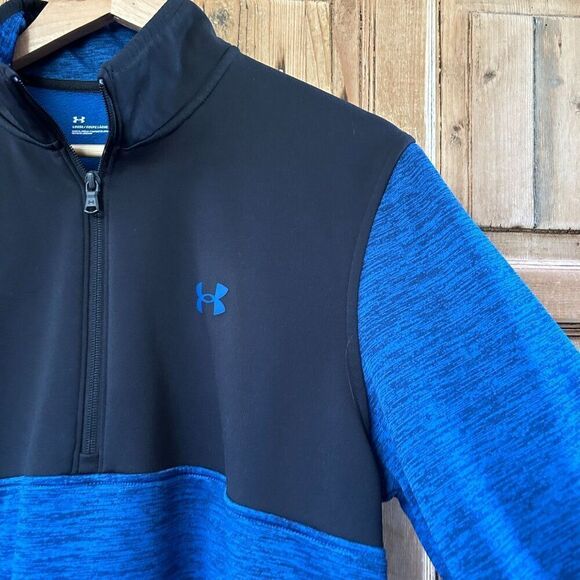 Under Armour Medium Loose Fit Pullover Sweater Blue Black Colorblock 1/4 Zip - Picture 2 of 6